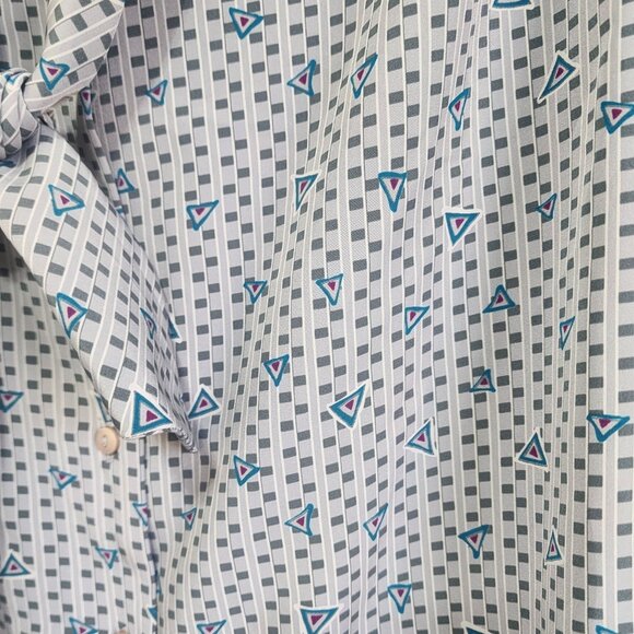VINTAGE Pendleton Country Sophisticates Gray Blue Geometric Print Tie Neck Blous - Picture 2 of 9